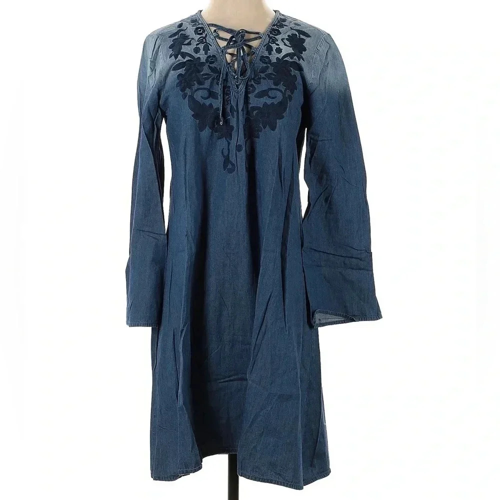 Vintage Nanette Lepore Ombre Denim Shift Dress Lace Up Embroidered Boho Size S